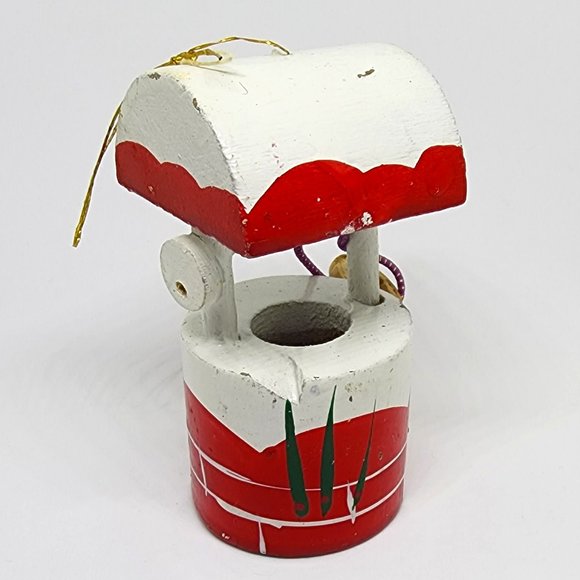 Christmas Vintage Red White Wishing Well Bucket Wood Holiday Ornament - Picture 3 of 9